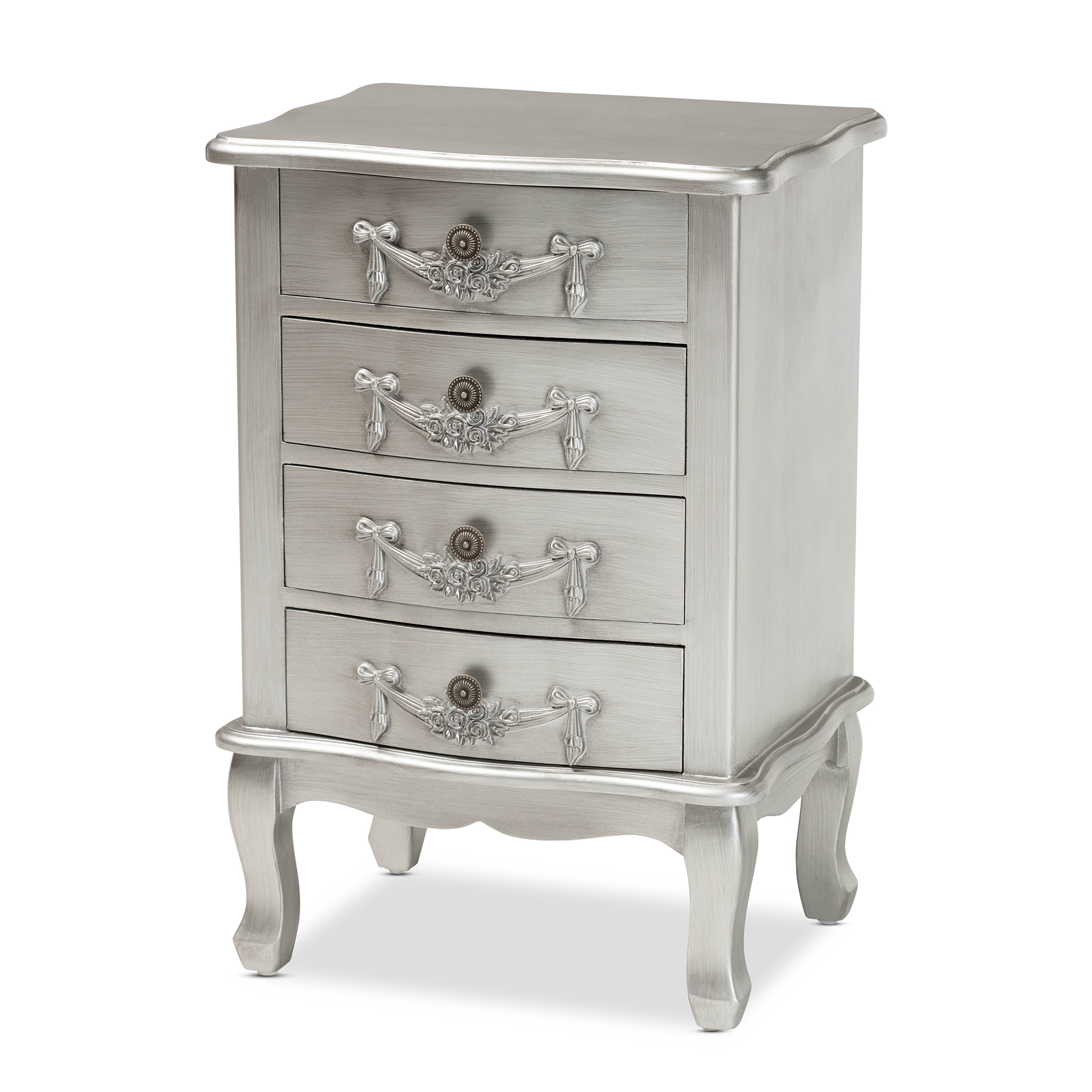Baxton Studio Callen Classic and Traditional Brushed Silver Finished Wood 4-Drawer End Table